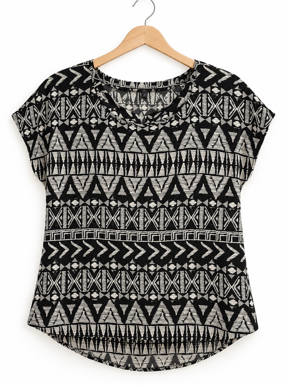Boho Geometric Tribal Print Blouse Women’s Medium Black White Wide Neck Top